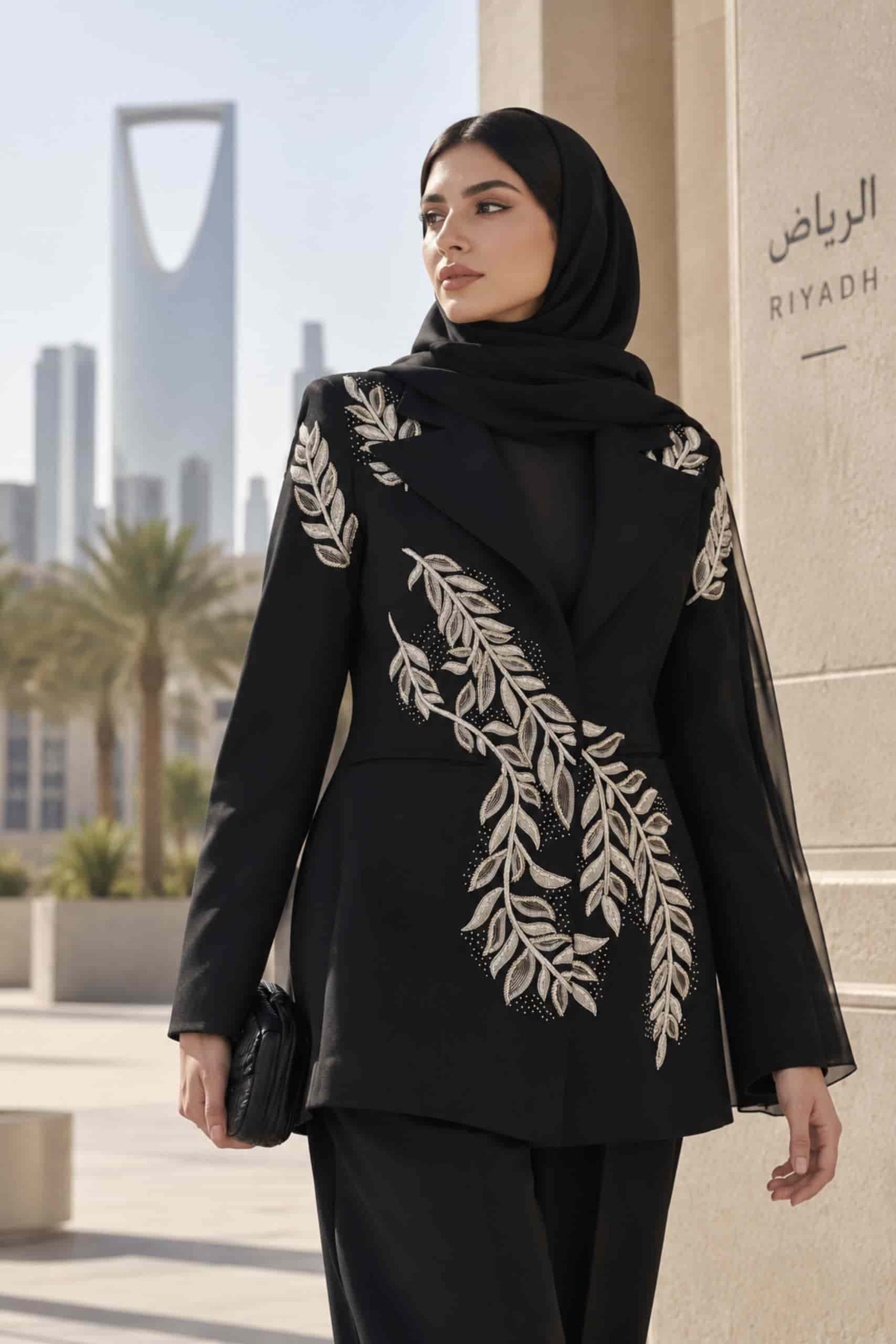 Black tailored blazer with white embroidered leaf detailing on a mannequin