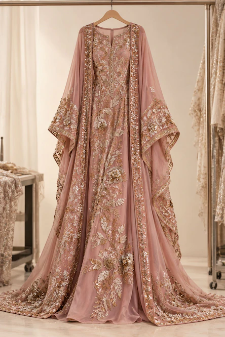 Blush pink embroidered ethnic dress with intricate floral embellishments, sheer sleeves, and an embellished flowing dupatta displayed on a hanger