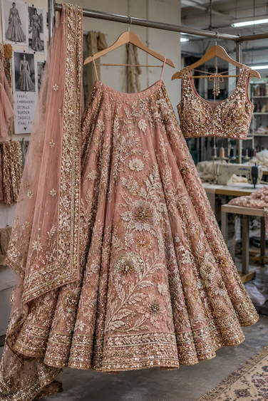 Blush pink embroidered lehenga with floral detailing, embellished borders, matching dupatta, and heavily decorated blouse displayed in a garment workshop