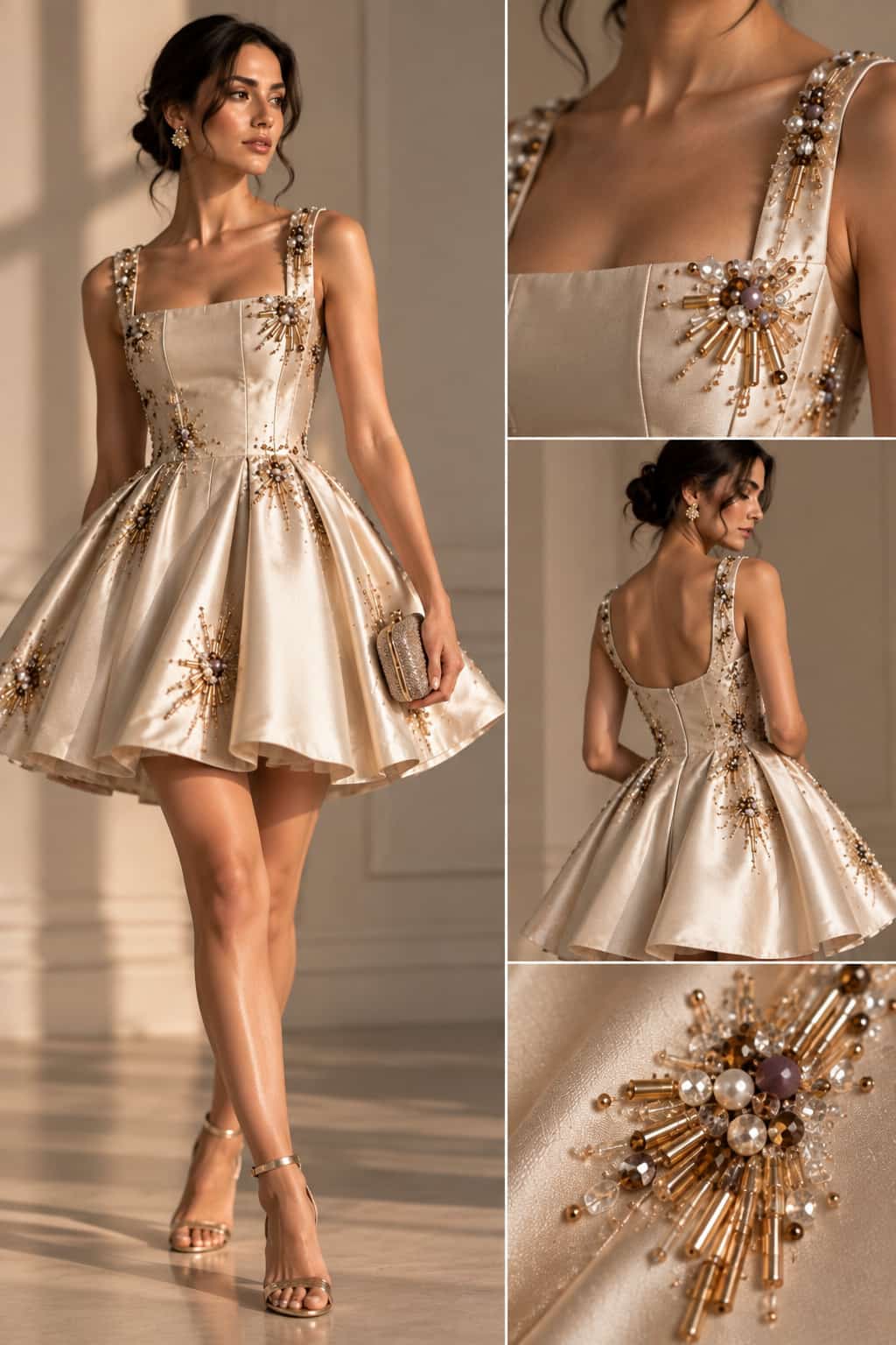 Embellished satin dress with pearl and metallic beadwork, shown from multiple angles