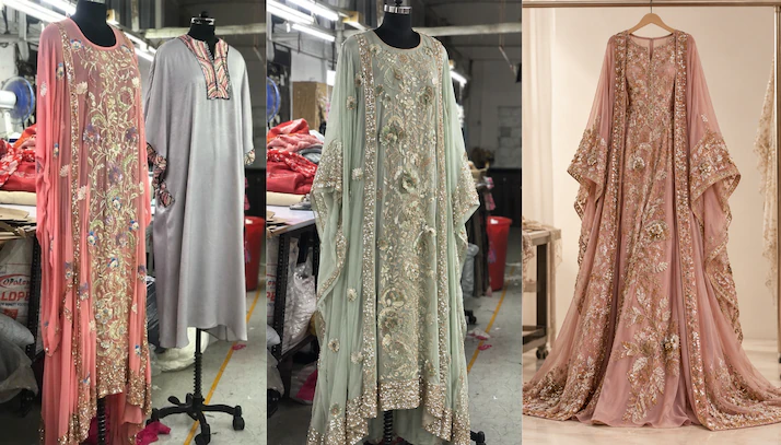 Embroidered designer ethnic dresses in pink, grey, mint green, and blush tones displayed on mannequins and hangers