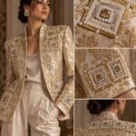Fashion model wearing a cream embroidered jacket with intricate pearl and gold embellishments