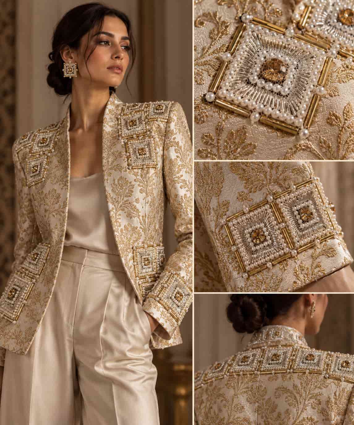 Fashion model wearing a cream embroidered jacket with intricate pearl and gold embellishments