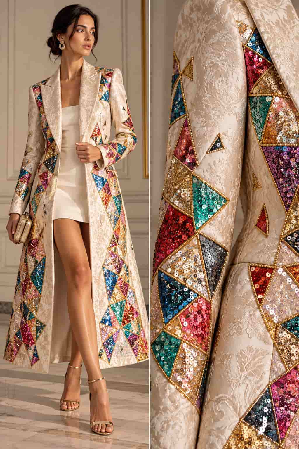 Model wearing a white lace coat with colorful geometric sequin embellishments