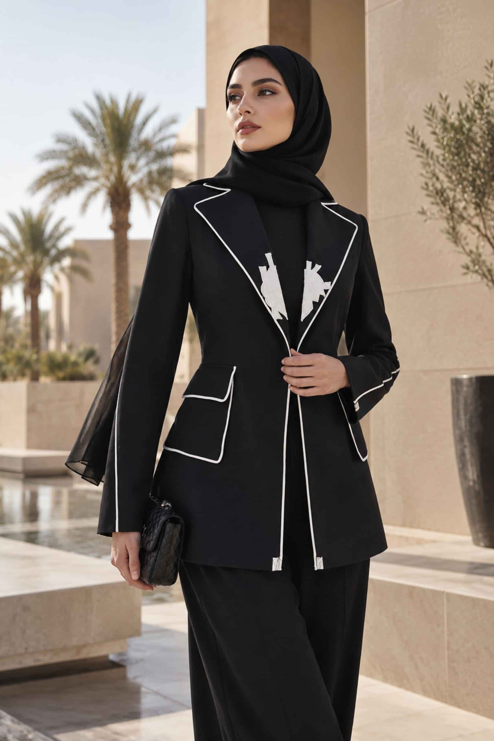 Woman wearing a black tailored blazer with white piping and embroidered detailing