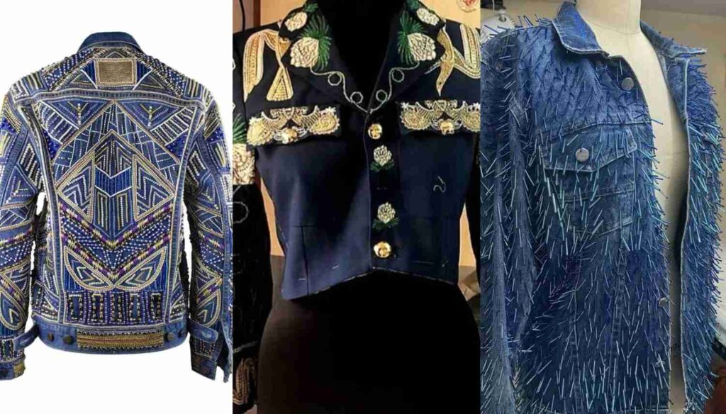 Upcycled denim jackets with intricate embroidery and embellishments