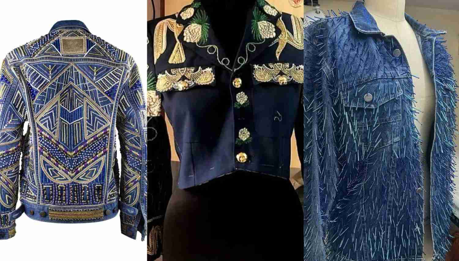Upcycled denim jackets with intricate embroidery and embellishments