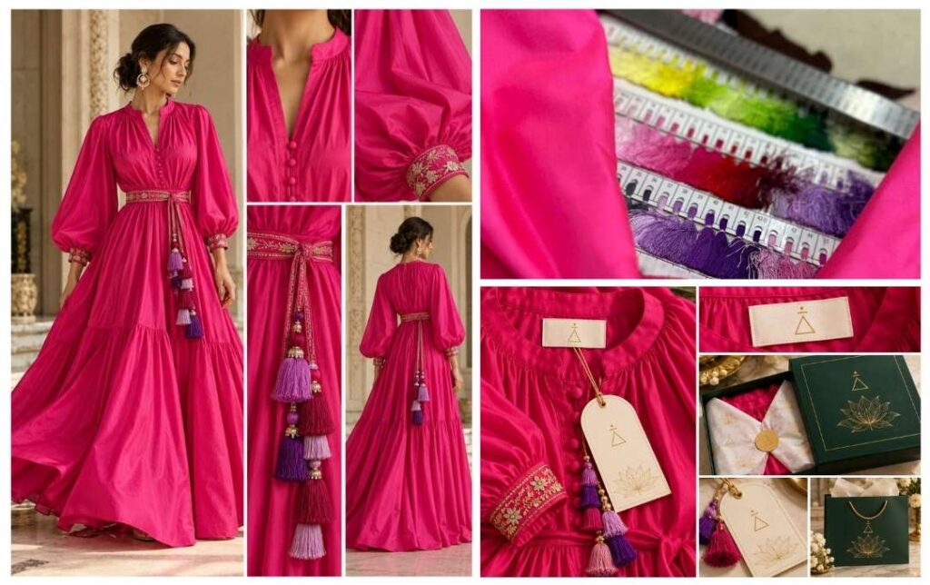 Luxury Pink Bespoke Gown with Embroidered Details and Custom Packaging
