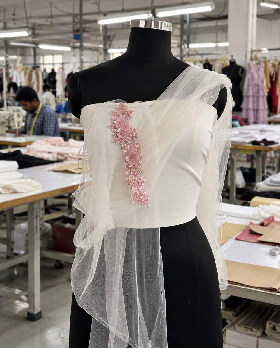 Ivory Bespoke Top with Pink Floral Embellishments and Sheer Tulle Draping